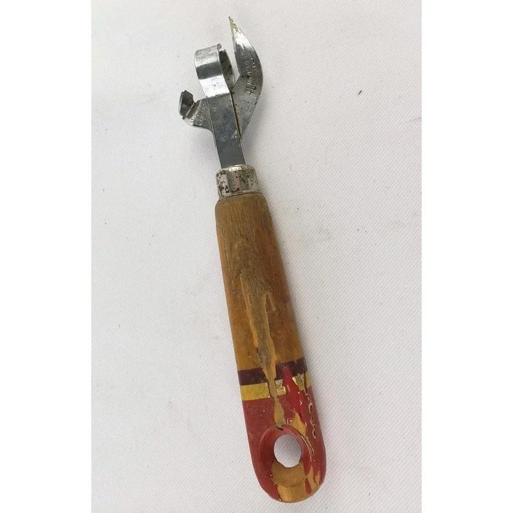 Vintage Multi Can Bottle Opener Tempered Tool‎ Steel Red Wood Chippy Handle USA